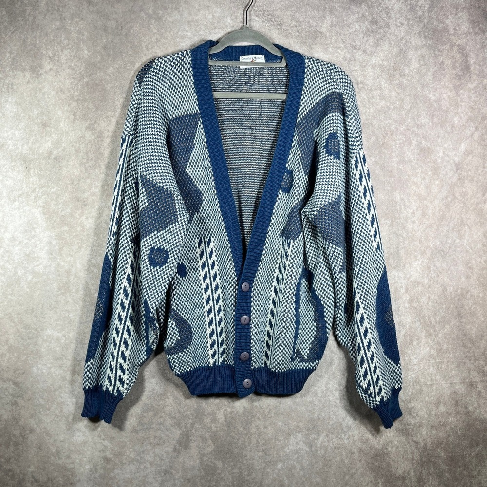 Vintage Country Matters Cardigan Sweater Women Large Blue Knit Artsy Cottgecore